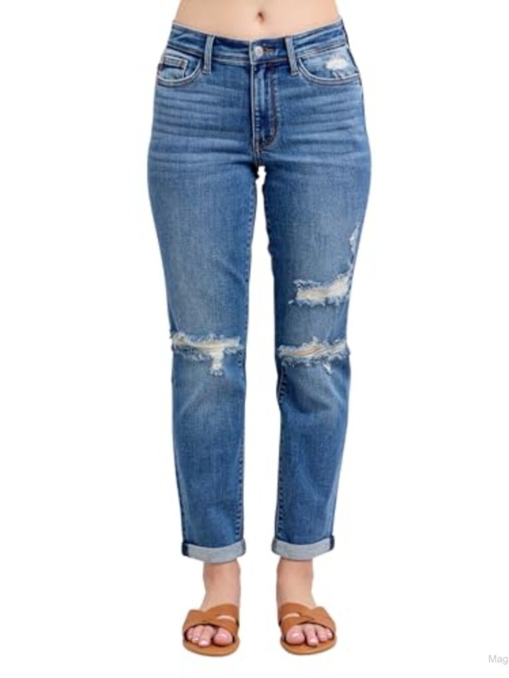 Judy Blue Mid-Rise Boyfriend Jeans Destroyed Cuffed Ankle Denim